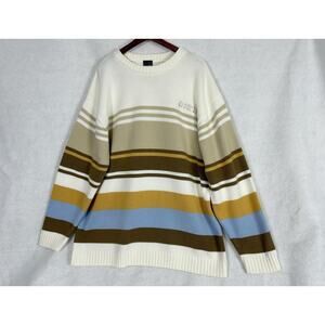 VTG Southpole Sweater Mens XL Cream Brown Striped Crewneck Knit Pullover Y2K